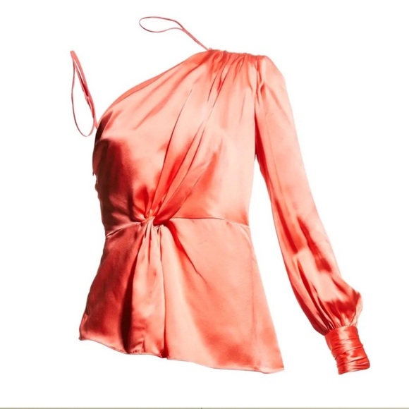 Cinq à Sept Stace One Shoulder Silk Top Neon Coral Size XS - Picture 6 of 10